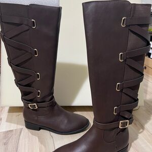 Thalia Sodi Brown Heeled Boots with Lacing and Buckles
